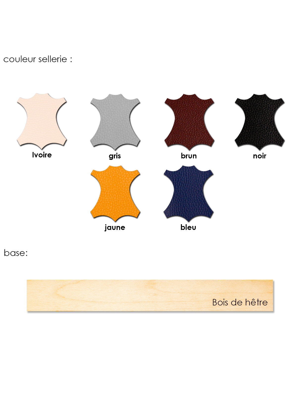 Différents coloris et types de cuir pour personnalisation de la table de massage Cosmo.