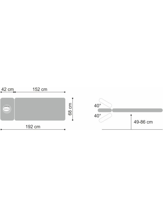 Schéma technique de la table Fortis 2 ERGO - Dimensions et angles d’inclinaison pour une meilleure compréhension des réglages.