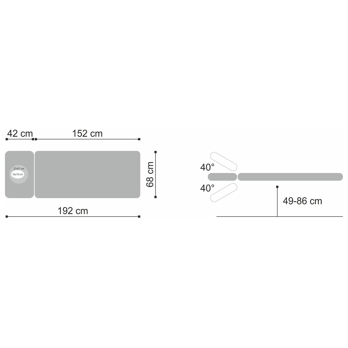 Schéma technique de la table Fortis 2 ERGO - Dimensions et angles d’inclinaison pour une meilleure compréhension des réglages.